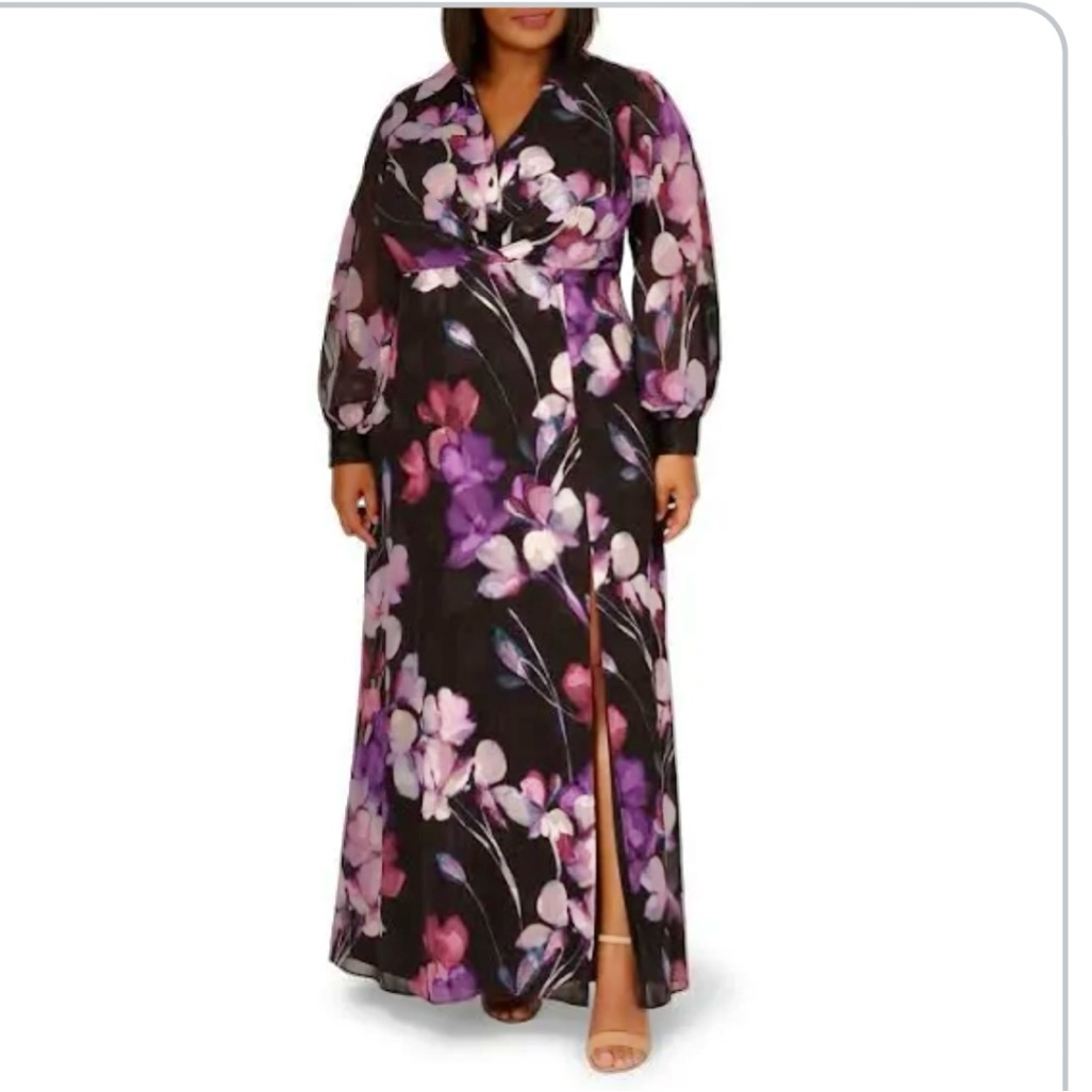 Adrianna Papell Long Sleeve Polo Neck Floral Print Chiffon Shirt Dress